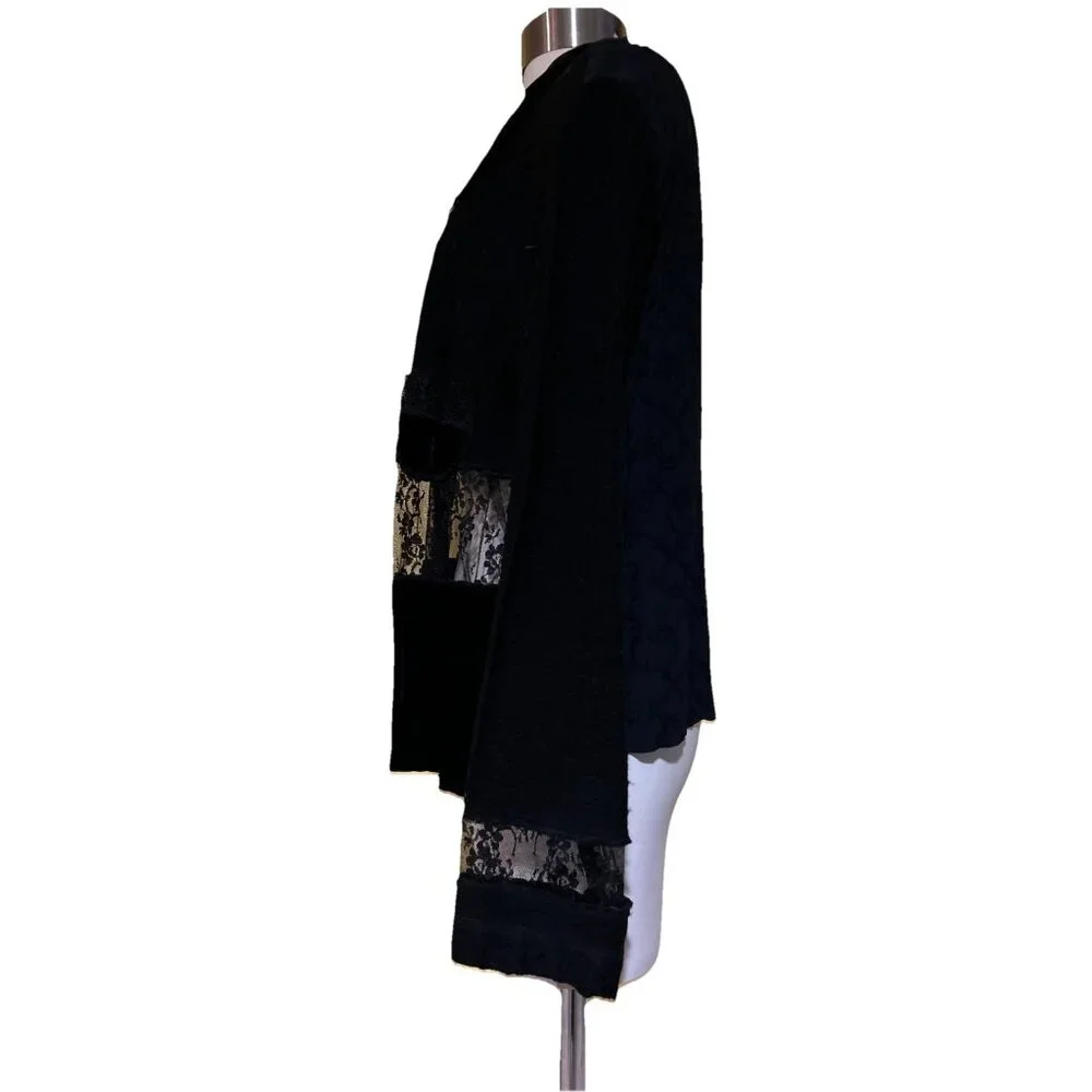 Witchy Jacket Womens L Black Velvet Patchwork Lace Crop Peek WhimsiGoth Fairy - Picture 9 of 13